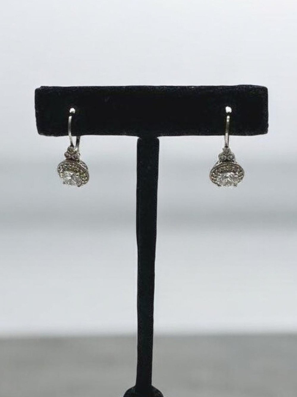 π 925 Sterling Silver CZ Diamond Halo Lever Back Drop Earrings Art Deco - Picture 7 of 15